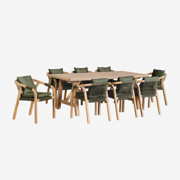 Set Da Tavolo Rettangolare 200x100 Cm E 8 Sedie Da Giardino In Legno Di Acacia Dubai Acacia Rustica Marrone & Tessuto Verde Militare - Sklum