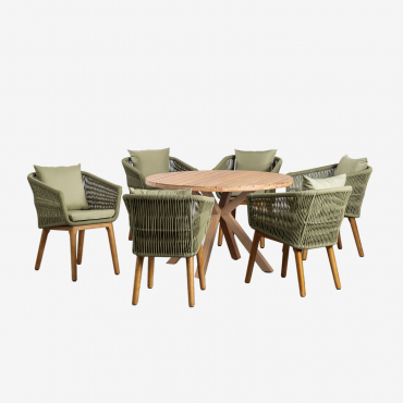 Set Composto Da Tavolo Rotondo In Legno (ø120 Cm) Naele E 6 Sedie Da Giardino Barker Verde Bambù - Sklum