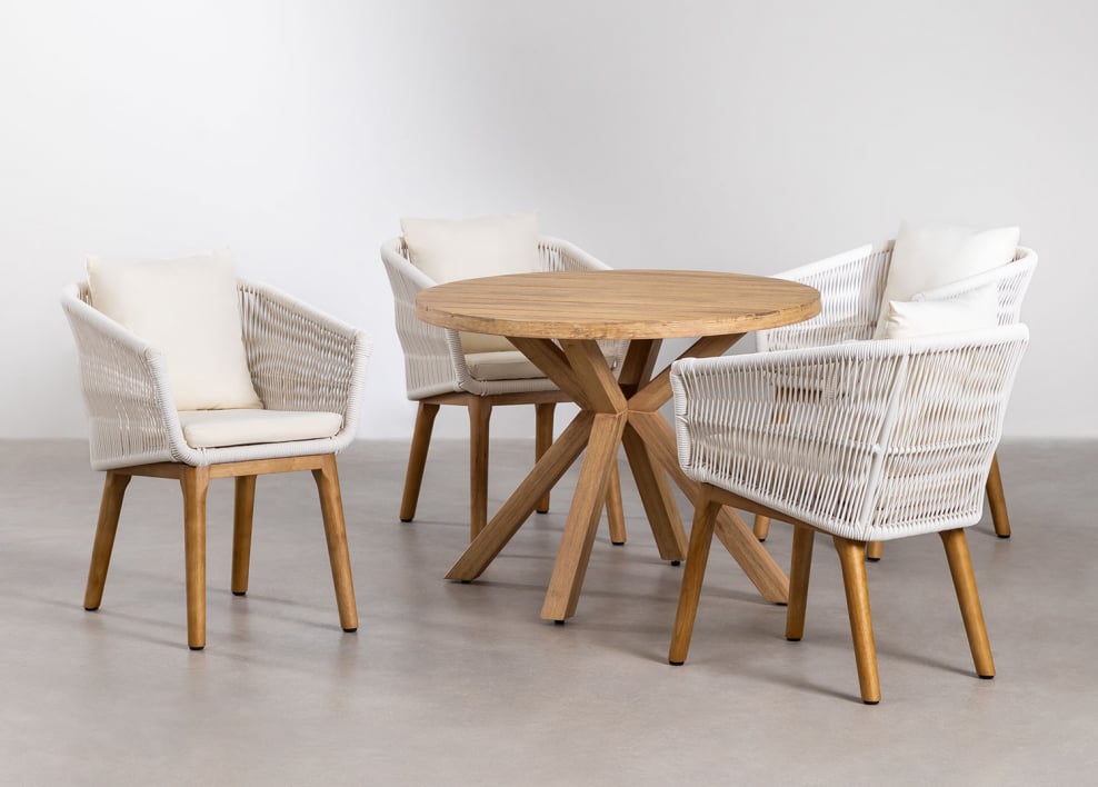 Set composto da tavolo rotondo in legno (Ø100 cm) Naele e 4 sedie da giardino Barker