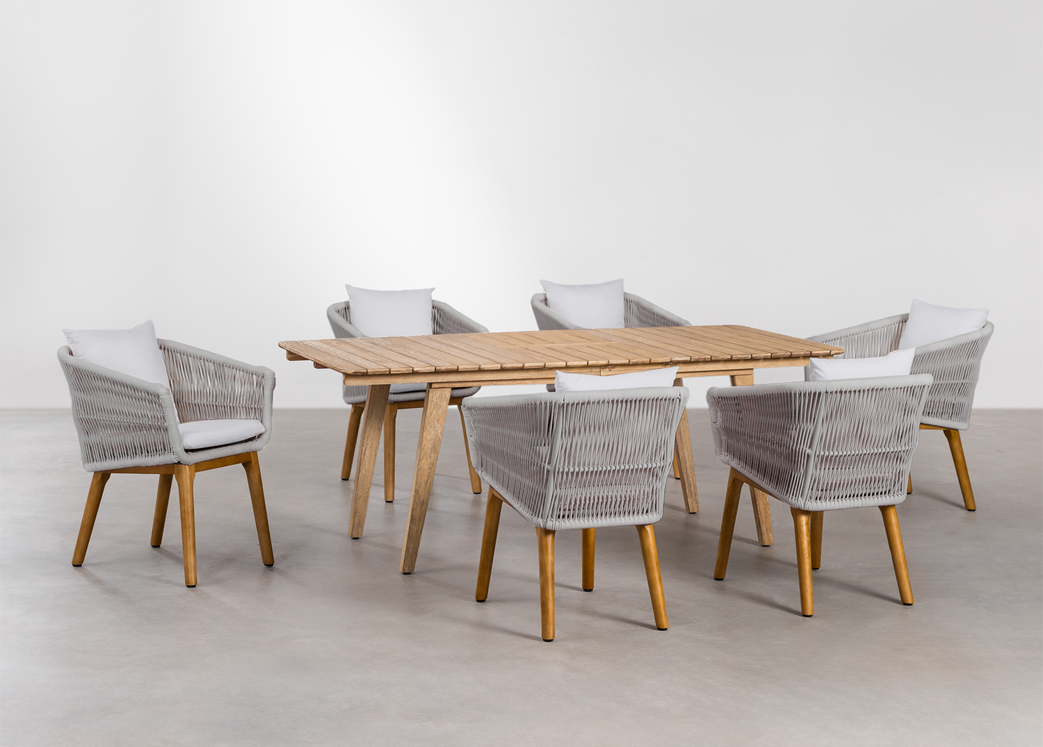 Set da pranzo in legno (160x90 cm) Melina e 6 sedie in ratán sintetico  Gouda naturale - SKLUM