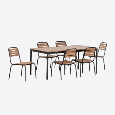 Set Tavolo Rettangolare Artus 160x90 Cm E 6 Sedie Da Giardino Impilabili In Acciaio E Legno Di Acacia Nero - Sklum
