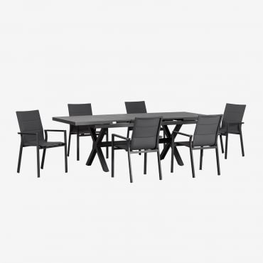 Set Tavolo Da Giardino Rettangolare Allungabile 180-240x90 Cm E 6 Sedie Da Giardino Impilabili Con Braccioli In Alluminio Karena Grigio Grafite -