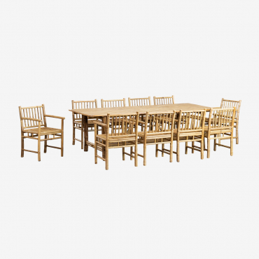 Set Tavolo Rettangolare (250x100 Cm) E 10 Sedie Da Giardino Con Braccioli In Bambù Senia Bambù & Senza Cuscino - Sklum