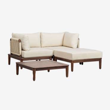 Set Da Giardino Con Divano Componibile In 2 Pezzi Con 2 Poltrone Angolari, Tavolino E Pouf In Legno Di Acacia Giulia Beige Crema - Sklum
