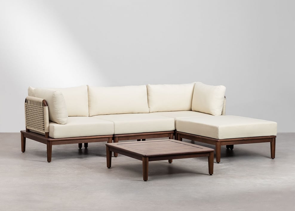 Set da giardino con divano modulare a 3 pezzi con 2 poltrone angolari, tavolino e pouf in acacia Giulia