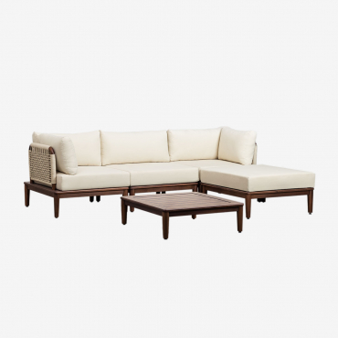 Set Da Giardino Con Divano Componibile In 3 Pezzi Con 2 Poltrone Angolari, Tavolino E Pouf In Legno Di Acacia Giulia Beige Crema - Sklum