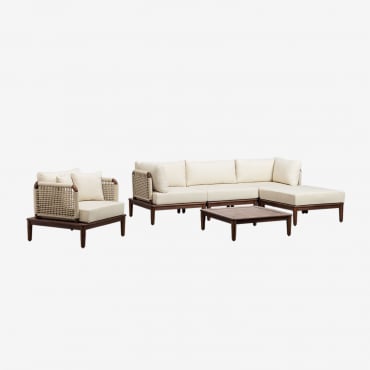 Giuli Acacia Wood Divano Modulare Da Giardino Set 3 Pezzi Con 2 Sedie Angolari, Pouf, Poltrona E Tavolino Beige Crema - Sklum