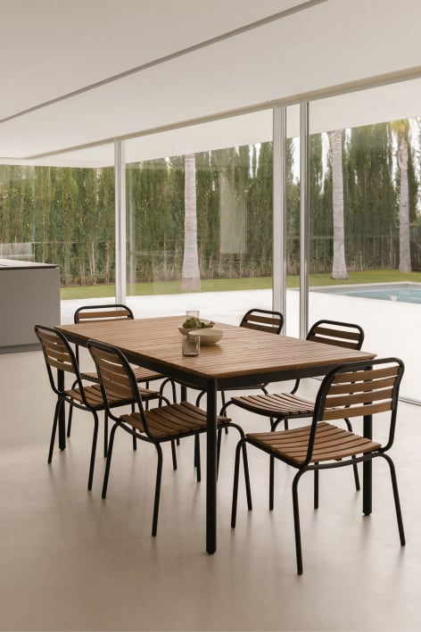 Set tavolo rettangolare 160x90 cm e 6 sedie da pranzo impilabili in acciaio e legno di acacia Artus