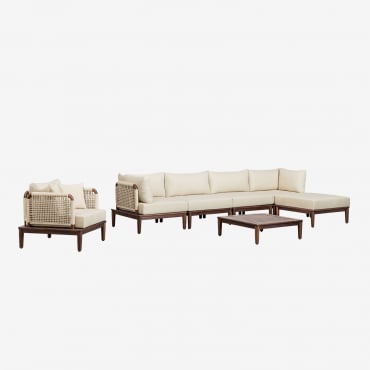 Set Da Giardino Con Divano Componibile 4 Pezzi Con 2 Poltrone Angolari, Tavolino, Pouf E Poltrona In Legno Di Acacia Giulia Beige Crema - Sklum