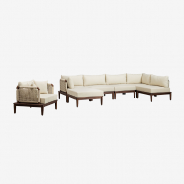 Set Da Giardino Composto Da Divano Angolare Da Giardino Componibile In 5 Pezzi Con Puff E Poltrona In Legno Di Acacia Giulia Beige Crema - Sklum