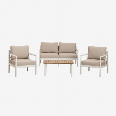 Set Da Giardino Con Divano 2 Posti, 2 Poltrone E Tavolino In Alluminio E Legno Di Acacia Beirik Tapioca Beige - Sklum