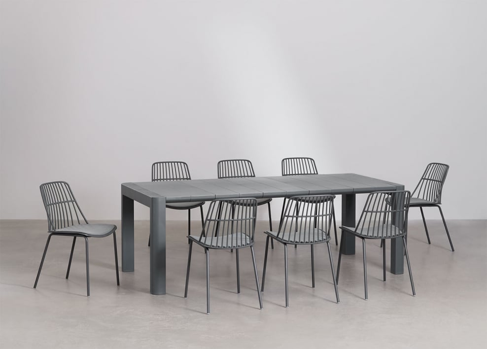 Set da tavolo rettangolare 220x100 cm Arnadine e 8 sedie da pranzo in acciaio Maeba