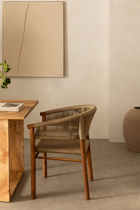 Sedia da pranzo classica Tenay in legno di acacia e corda intrecciata con braccioli