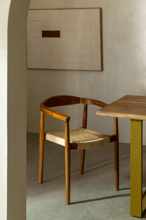 Sedia da pranzo con braccioli in rattan e legno di teak Kiemer - NATURAL