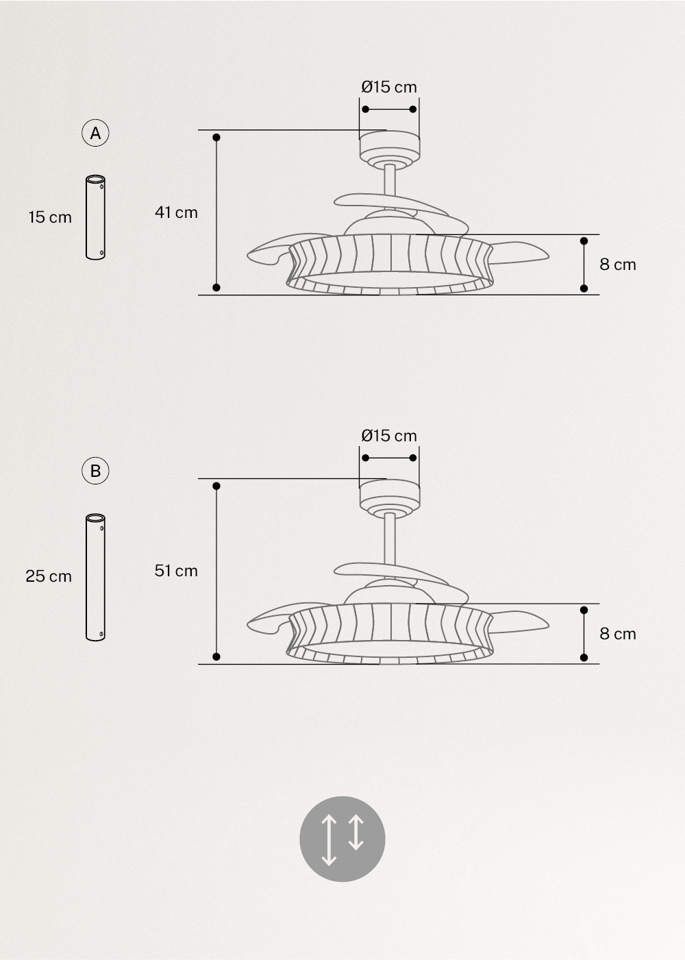 CREATE - WIND CLEAR RATTAN - Ventilatore da soffitto silenzioso 40W pale retrattili Ø107cm con luce LED 36W, MISURE