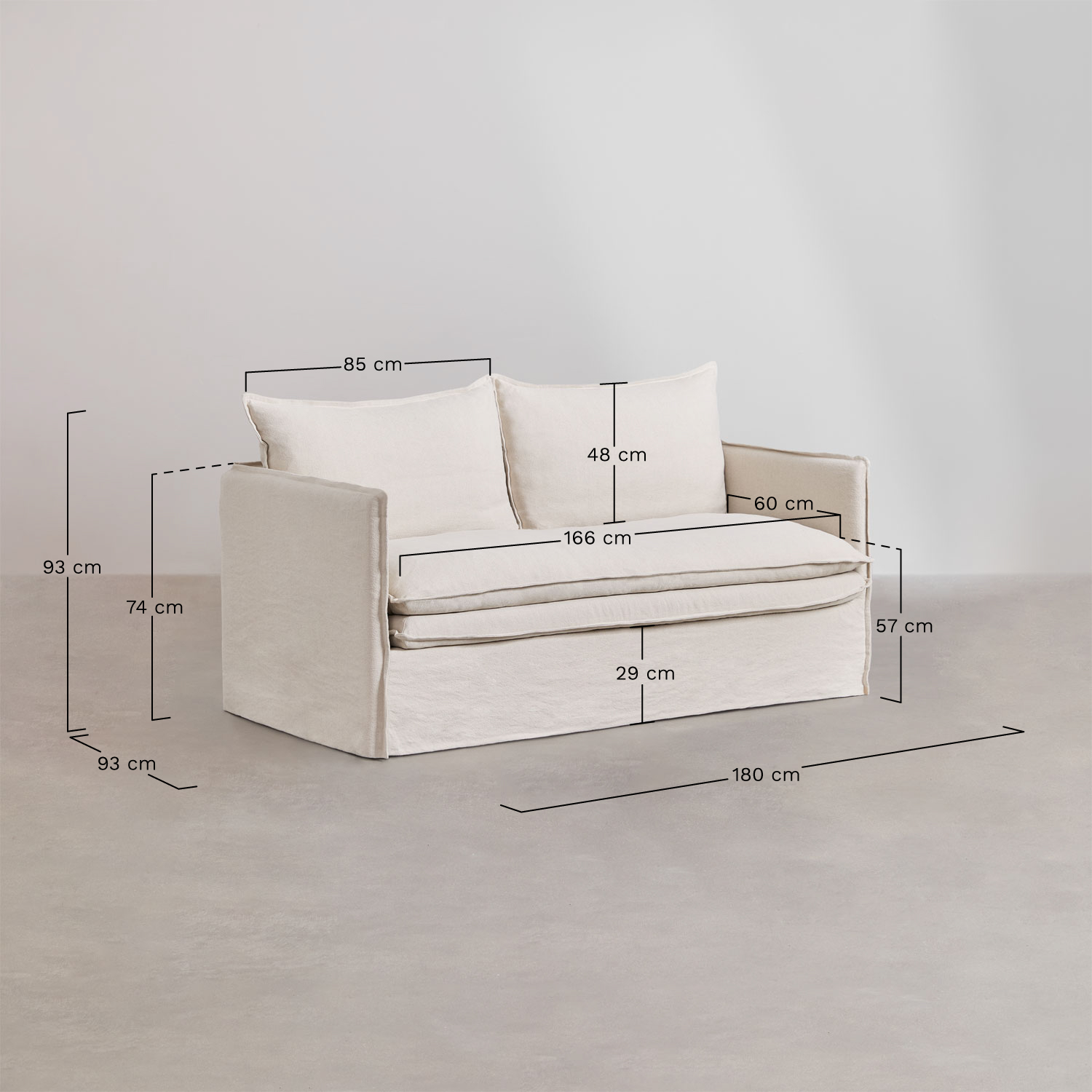 Set soggiorno con divano 2 posti e 2 poltrone in lino e cotone Grace, MISURE