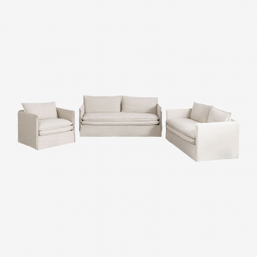 Set Soggiorno Con Divano 2 Posti, Divano 3 Posti E Poltrona Grace In Lino E Cotone Tessuto Beige - Sklum