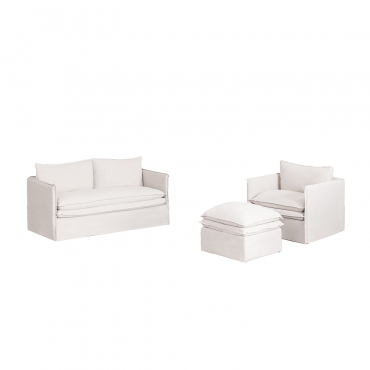 Set Da Soggiorno Grace In Lino E Cotone Con Divano 2 Posti, Poltrona E Pouf Tessuto Bianco Antico - Sklum