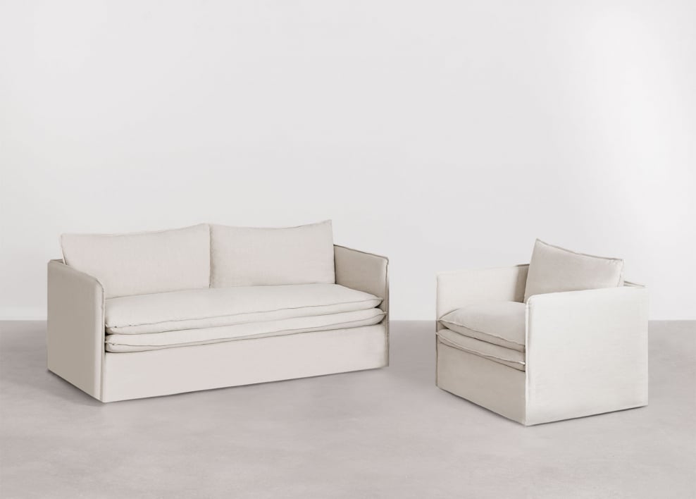 Set soggiorno con divano 3 posti e poltrona in lino e cotone Grace - Tessuto Beige