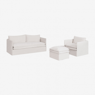Set Soggiorno Con Divano 3 Posti, Poltrona E Pouf In Lino E Cotone Grace Tessuto Bianco Antico - Sklum