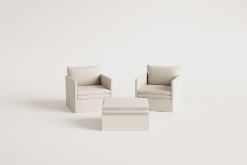 Set lounge Grace in lino e cotone con 2 poltrone e puff