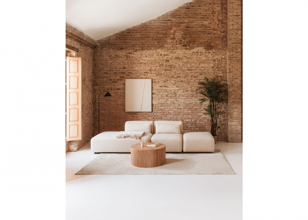 Divano componibile in 2 pezzi con chaise longue sinistra e pouf Fogler - Ciniglia Crema Beige