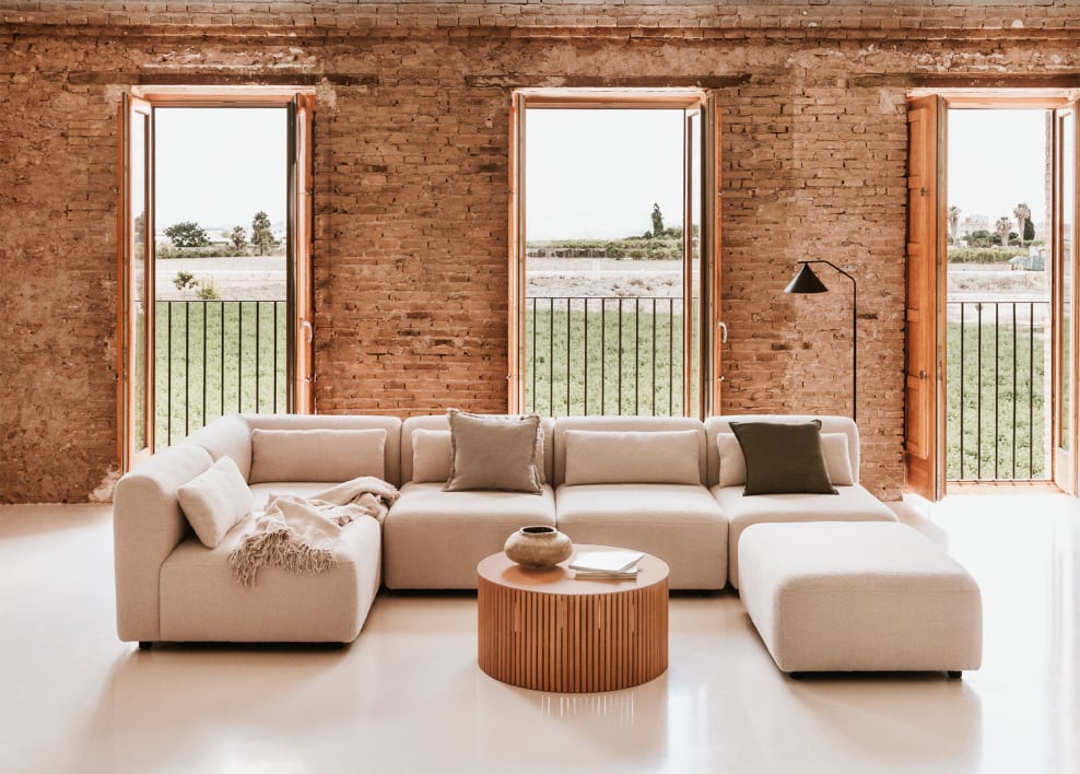 Divano componibile angolare in 5 pezzi con pouf Fogler