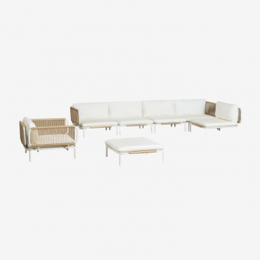 Divano Angolare Da Giardino Componibile In 5 Pezzi Con Pouf E Poltrona Roubly Beige A Mandorla - Sklum