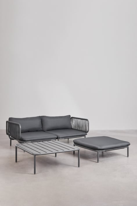 Divano da giardino componibile in 2 pezzi con 2 poltrone angolari, pouf e tavolino Roubly