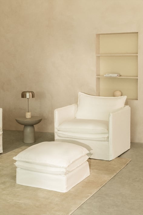 Set da salotto Grace in lino e cotone con poltrona e pouf - Tessuto Bianco Antico