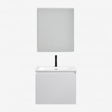Set Mobili Da Bagno In Legno Macrae Con Lavabo Integrato Bianco & Rettangolare A Led E Antiappannamento 60x70 Cm Tamsin & Nero ↑20 Cm - Sklum