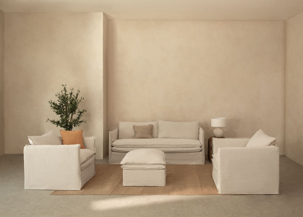 Set soggiorno con divano a 3 posti, 2 poltrone e pouf in lino e cotone Grace - Tessuto Beige