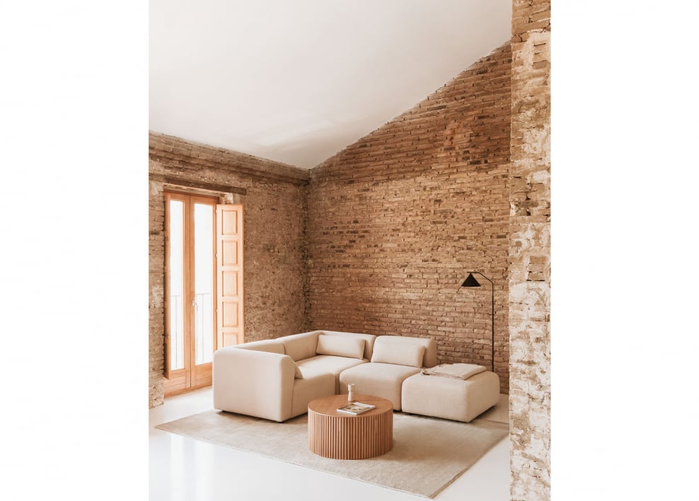 Divano angolare componibile in 3 pezzi con pouf Fogler