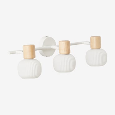 Lampada Da Parete Con 3 Punti Luce In Ferro, Legno Della Gomma E Vetro Ekaizy Bianco - Sklum