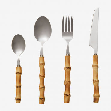 Set Di Posate In Acciaio Inossidabile Con Manico In Bambù, 16 Pezzi Visola Grigio Cromato - Sklum