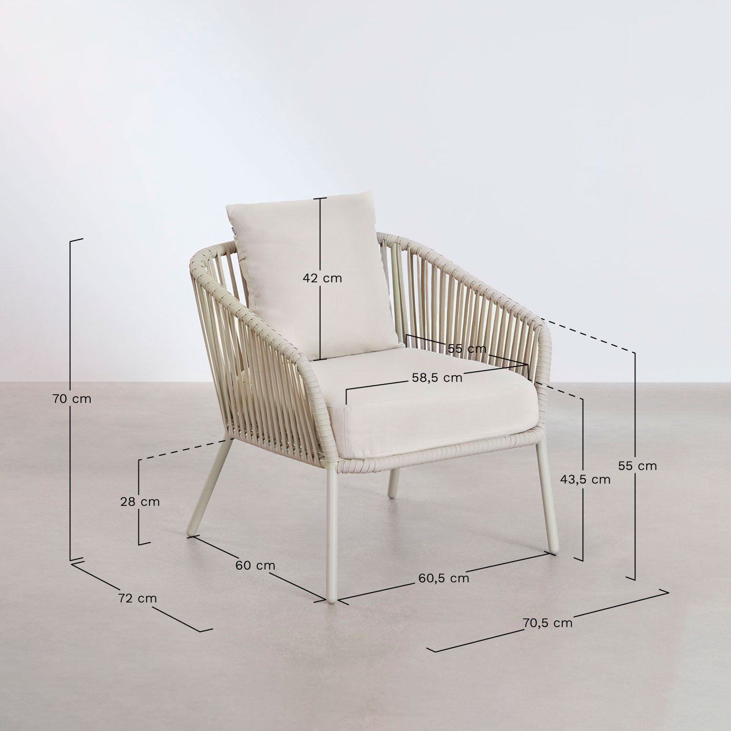 Set da giardino con divano 2 posti, 2 poltrone e tavolini in alluminio e corda intrecciata Arhiza     , MISURE