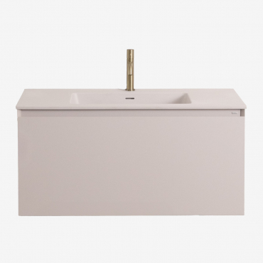 Set Mobili Da Bagno In Legno Macrae Con Lavabo Integrato Beige Lino & Senza Specchio & Dorato ↑20 Cm Con Valvola Di Scarico - Sklum
