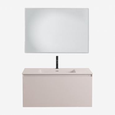 Set Mobili Da Bagno In Legno Macrae Con Lavabo Integrato Beige Lino & Rettangolare A Led E Antiappannamento 100x70 Cm Tamsin & Nero ↑20 - Sklum