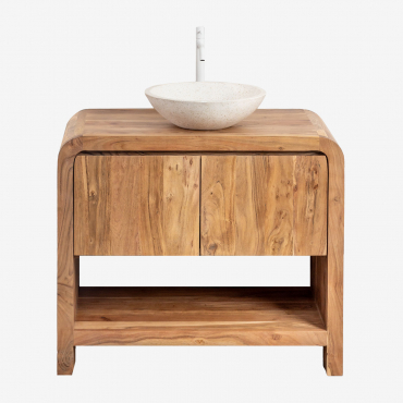 Set Di Mobili Da Bagno In Legno Vacry Acacia Marrone & Cemento Rotondo Bianco Ø40 Cm Zavion & Senza Specchio & Bianco ↑30 Cm Con - Sklum