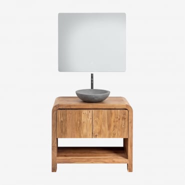 Set Di Mobili Da Bagno In Legno Di Acacia Vacry Acacia Marrone & Cemento Grigio Rotondo Ø40 Cm Tarsis & Rettangolare A Led E Antiappannamento - Sklum