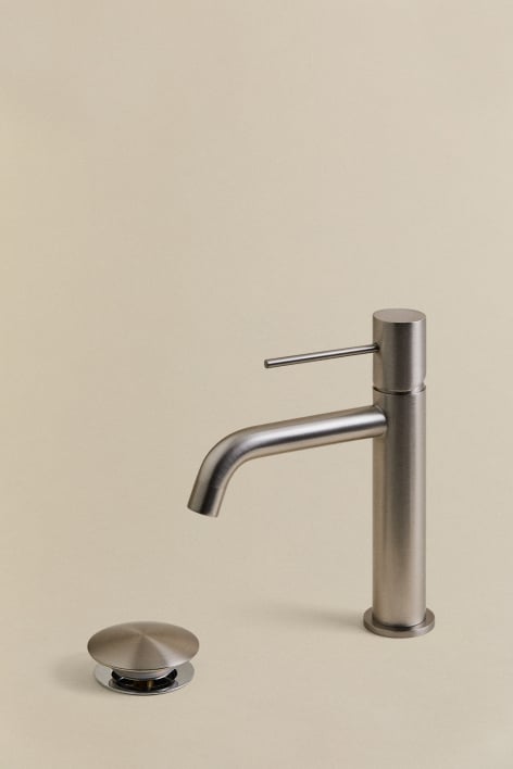 Set rubinetto lavabo e valvola di scarico in ottone Click-Clack Orveta - Grigio spazzolato