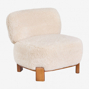 Poltroncina In Shearling E Legno Di Gomma Ciniglia Crema Beige - Sklum
