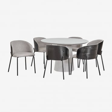 Set Tavolo Rotondo Ø120 Cm In Cemento Noemi E 6 Sedie Da Pranzo In Legno Imbottite Amieva Grigio Sabbia - Sklum