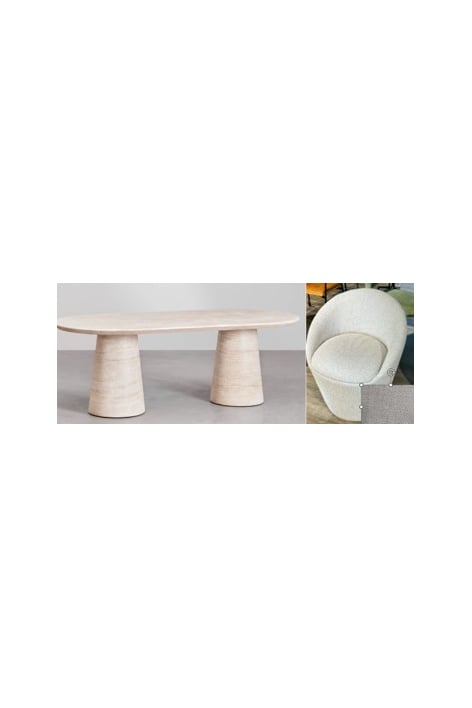 Set composto da tavolo ovale 220x95 cm in cemento effetto travertino Noemi e 8 sedie da pranzo imbottite Leandro