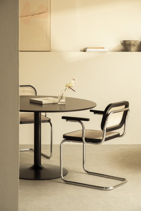 Sedia da pranzo con braccioli in rattan e acciaio Tento - Nero liscio