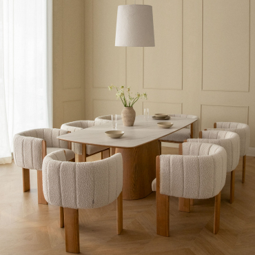 Set Tavolo Rettangolare Impiallacciato In Ceramica (200x100 Cm) Aura E 8 Sedie Da Pranzo In Legno Di Frassino E Tessuto Leo Bouc Ceramica - Sklum
