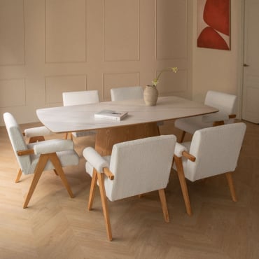 Set Da Tavola Rettangolare 200x100 Cm Con Impiallacciatura In Ceramica Aura E 6 Sedie Da Pranzo In Legno E Tessuto Bouclé Lucca Ceramica - Sklum