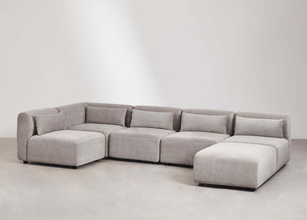 Divano componibile angolare in 5 pezzi con pouf Fogler - Velluto a Coste Grigio Talpa Chiaro