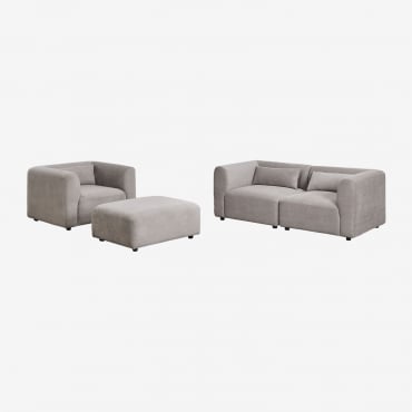 Set Soggiorno Con Divano Componibile In 2 Pezzi, Poltrona E Pouf Fogler Velluto A Coste Grigio Talpa Chiaro - Sklum