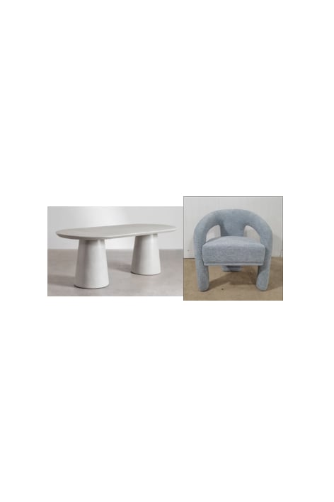Set da tavolo ovale 220x95 cm in cemento Noemi e 8 sedie da pranzo imbottite Greca - Bouclé Verde Salvia